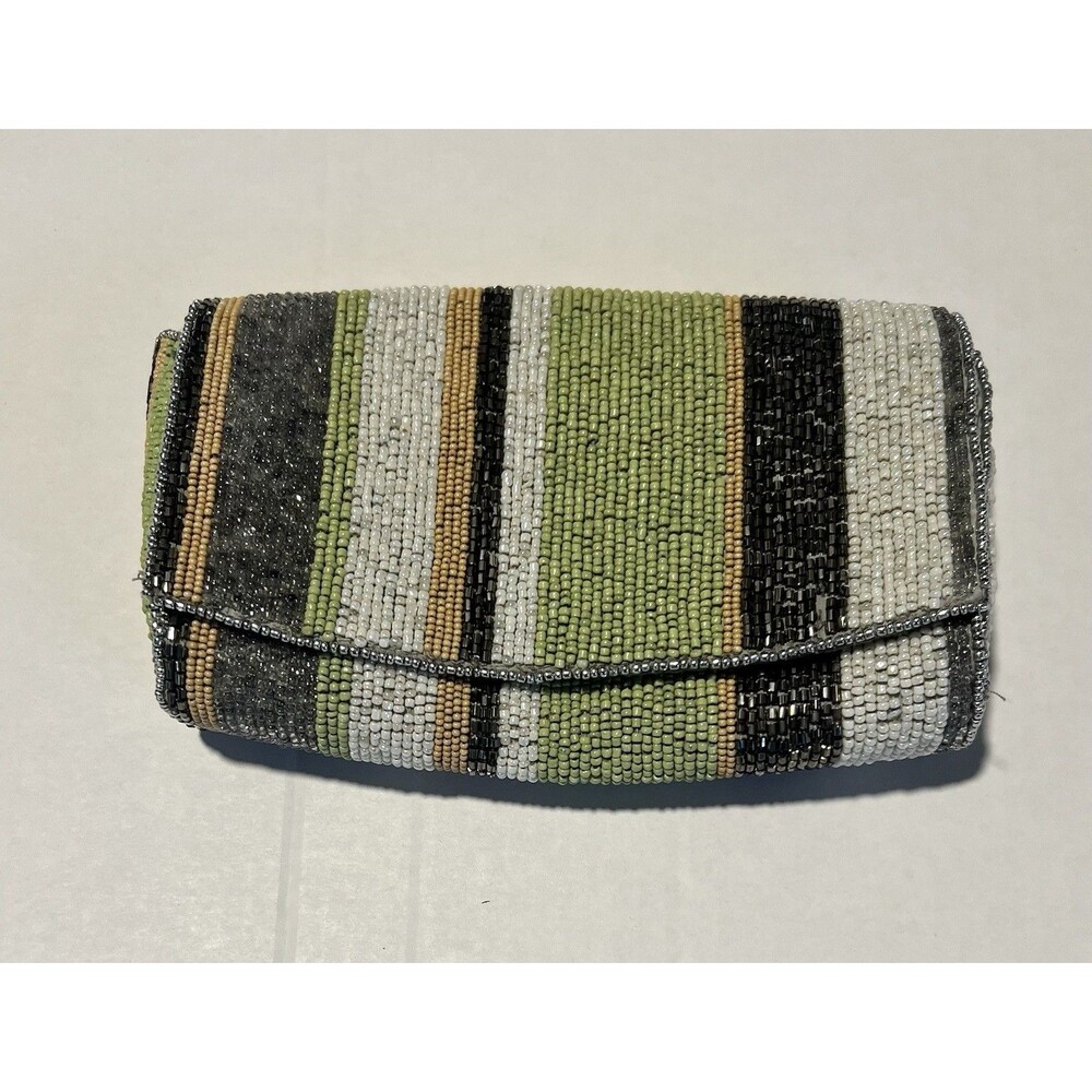 Anthropologie Beaded Clutch Sage Green, White, Silver